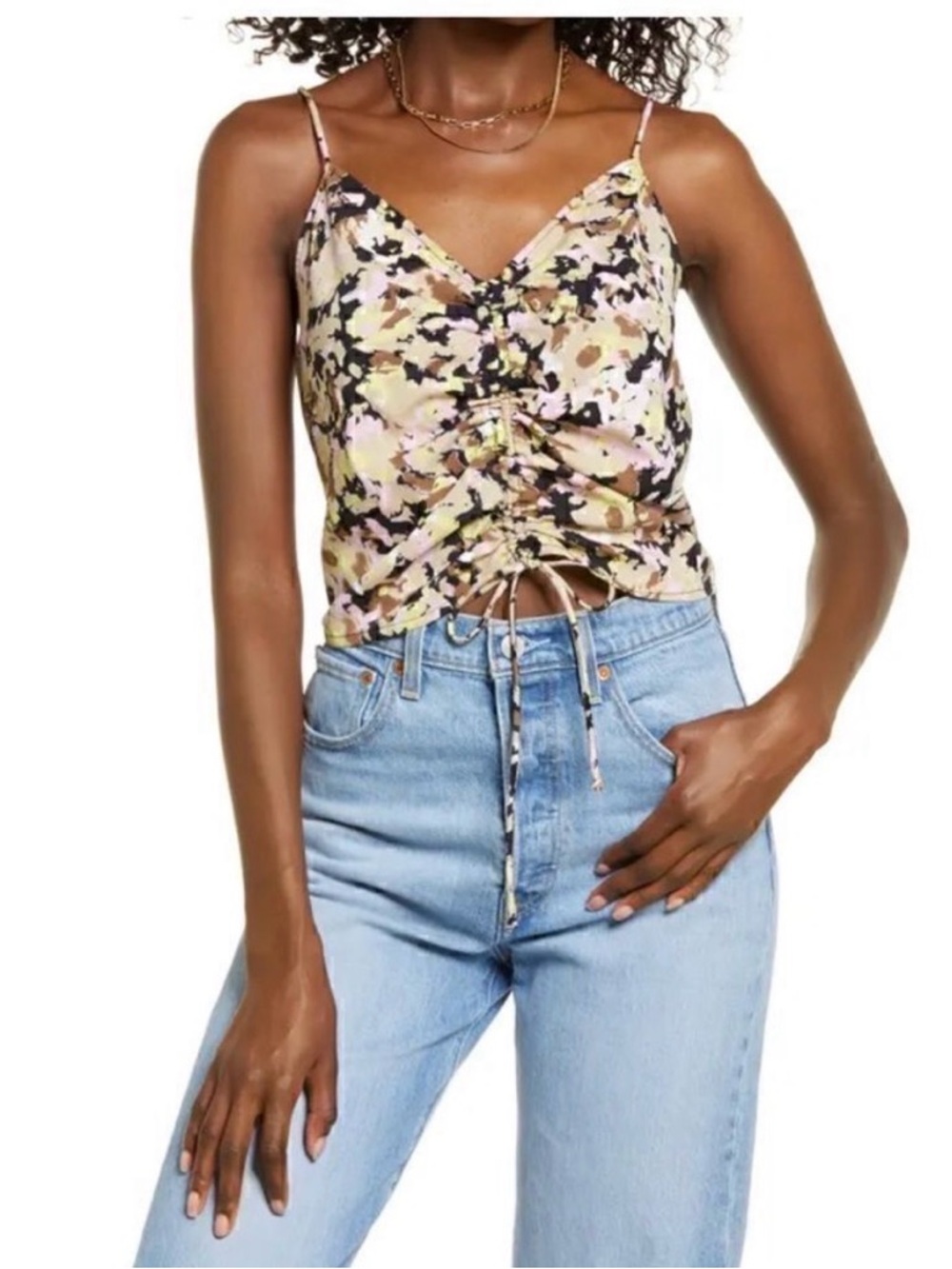 Vero Moda Floral Ruched Drawstring Cami Top - Pink, Cream & Black